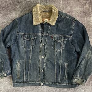Men's Levi's Dark Blue Denim Sherpa Lined Standard Trucker Jean Jacket Sz 2XL